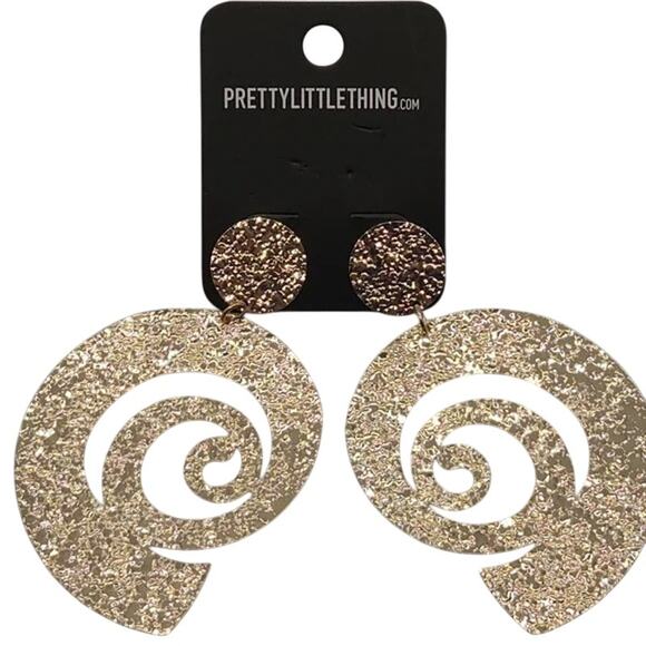 NWT PrettyLittleThing Gold Textured Swirl Disk Statement Earrings Drop Dangle - Picture 1 of 16